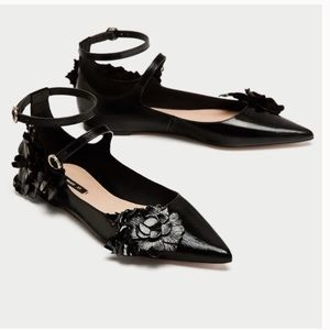 Zara leather pointed toe floral appliqué